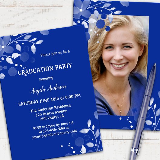 Navy Blue White Your Photo Afstuderen Invitation Kaart