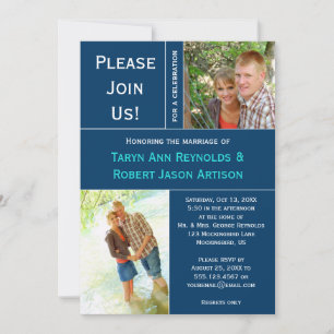 Navy Blue WhitePhoto Block Post Wedding Invitation Kaart