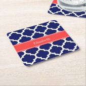 Navy Blue WhMarokkaans #5 Coral Red Name Monogram Kartonnen Onderzetters (Schuin)