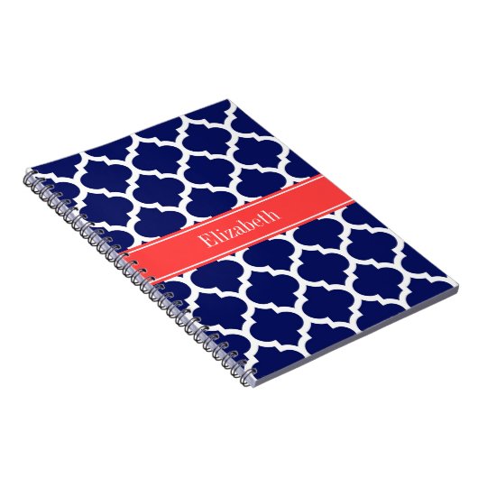 Navy Blue WhMarokkaans #5 Coral Red Name Monogram Notitieboek (Rechterzijde)