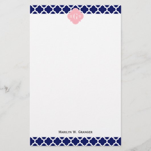 Navy Blue WhMoroccan #5 Roze 3 Initiaal monogram Briefpapier (Voorkant)
