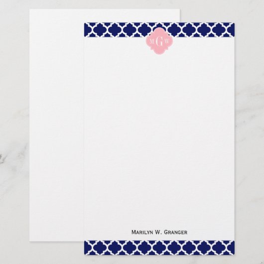 Navy Blue WhMoroccan #5 Roze 3 Initiaal monogram Briefpapier (Voorkant / Achterkant)