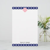 Navy Blue WhMoroccan #5 Roze 3 Initiaal monogram Briefpapier (Staand voorkant)