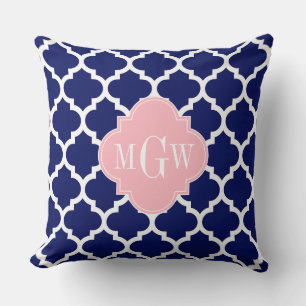Navy Blue WhMoroccan #5 Roze 3 Initiaal monogram Kussen