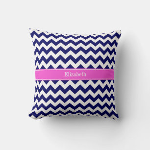 Navy Blue Wht Chevron Hot Pink Naam Monogram Kussen