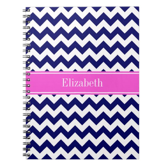 Navy Blue Wht Chevron Hot Pink Naam Monogram Notitieboek (Voorkant)
