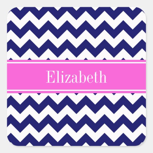 Navy Blue Wht Chevron Hot Pink Naam Monogram Vierkante Sticker (Voorkant)