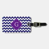 Navy Blue Wht Chevron Paars Quatrefoil Monogram Bagagelabel (Voorkant horizontaal)