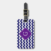Navy Blue Wht Chevron Paars Quatrefoil Monogram Bagagelabel (Voorkant verticaal)