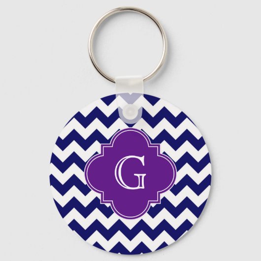 Navy Blue Wht Chevron Paars Quatrefoil Monogram Sleutelhanger (Voorkant)