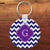 Navy Blue Wht Chevron Paars Quatrefoil Monogram Sleutelhanger (Voorkant)