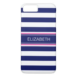 Navy Blue Wht Horiz Stripe Hot Pink Name Monogram Case-Mate iPhone Case