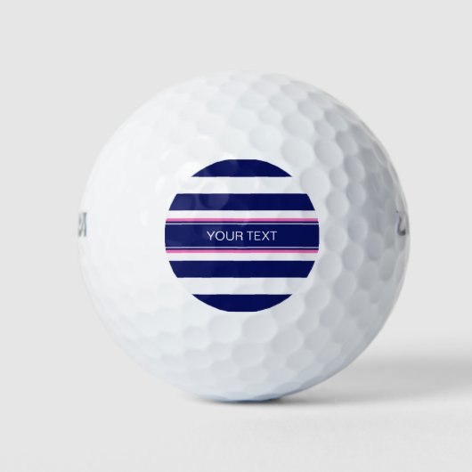 Navy Blue Wht Horiz Stripe Hot Pink Name Monogram Golfballen (Voorkant)