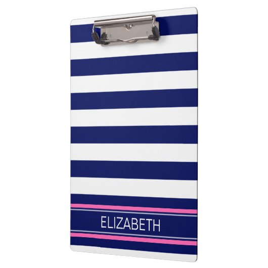 Navy Blue Wht Horiz Stripe Hot Pink Name Monogram Klembord (Links)