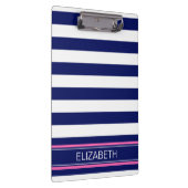 Navy Blue Wht Horiz Stripe Hot Pink Name Monogram Klembord (Rechts)