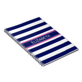 Navy Blue Wht Horiz Stripe Hot Pink Name Monogram Notitieboek (Rechterzijde)