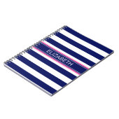 Navy Blue Wht Horiz Stripe Hot Pink Name Monogram Notitieboek (Linkerzijde)