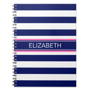 Navy Blue Wht Horiz Stripe Hot Pink Name Monogram Notitieboek
