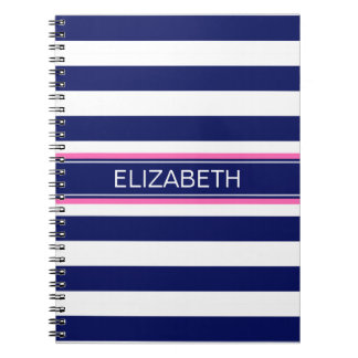 Navy Blue Wht Horiz Stripe Hot Pink Name Monogram Notitieboek