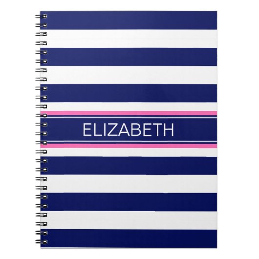 Navy Blue Wht Horiz Stripe Hot Pink Name Monogram Notitieboek (Voorkant)
