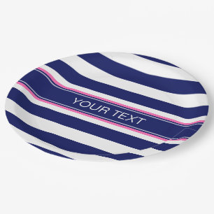 Navy Blue Wht Horiz Stripe Hot Pink Name Monogram Papieren Bordje