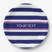 Navy Blue Wht Horiz Stripe Hot Pink Name Monogram Papieren Bordje (Voorkant)