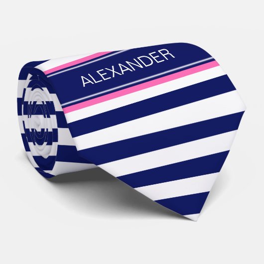 Navy Blue Wht Horiz Stripe Hot Pink Name Monogram Stropdas (Opgerold)