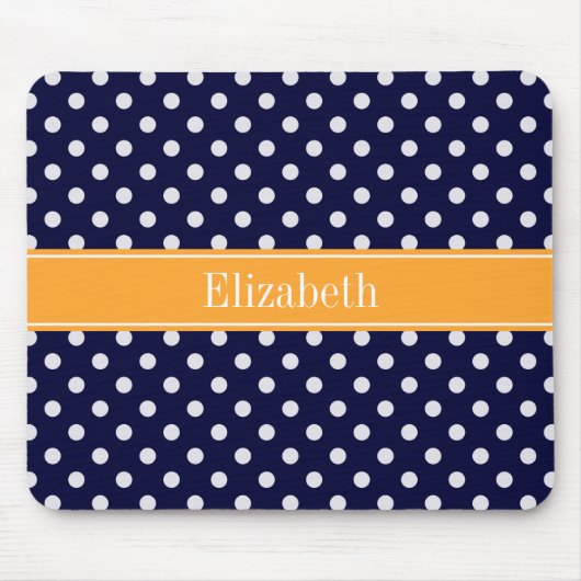 Navy Blue Wht Polka Dots Cantaloupe Name Monogram Muismat (Voorkant)