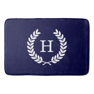 Navy Blue Wht Wheat Laurel WreatInitiaal Monogram Badmat