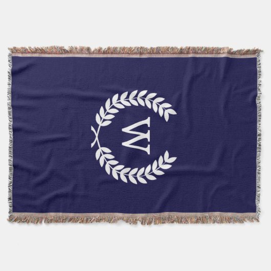 Navy Blue Wht Wheat Laurel WreatInitiaal Monogram Deken (Voorkant)