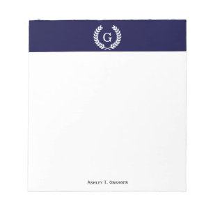 Navy Blue Wht Wheat Laurel WreatInitiaal Monogram Notitieblok