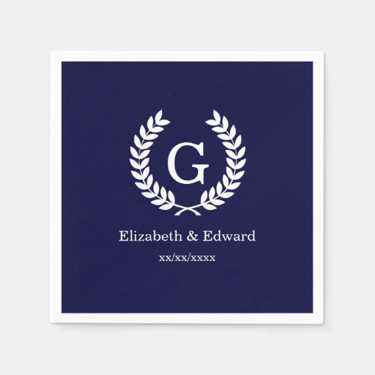 Navy Blue Wht Wheat Laurel WreatInitiaal Monogram Servetten (Voorkant)