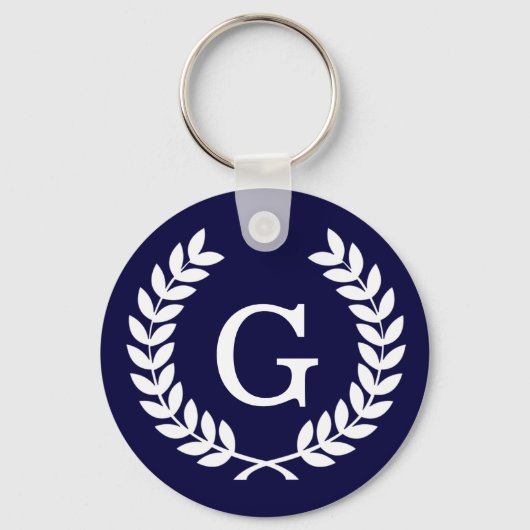 Navy Blue Wht Wheat Laurel WreatInitiaal Monogram Sleutelhanger (Voorkant)