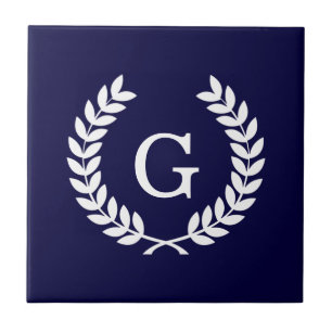 Navy Blue Wht Wheat Laurel WreatInitiaal Monogram Tegeltje