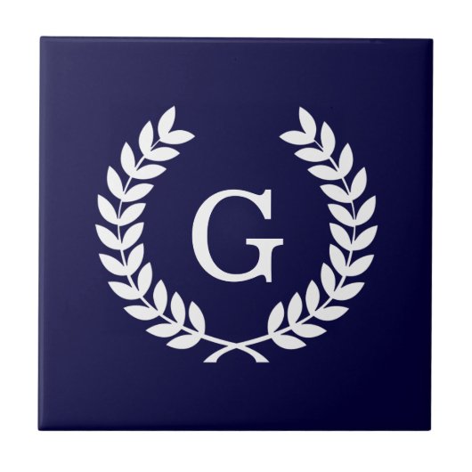 Navy Blue Wht Wheat Laurel WreatInitiaal Monogram Tegeltje (Voorkant)