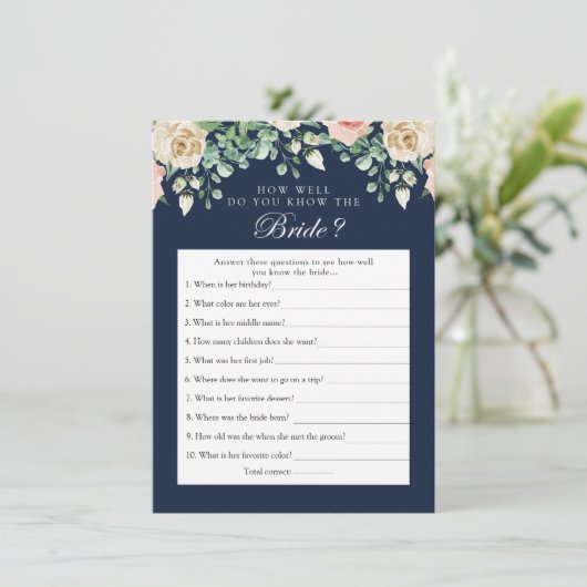 Navy Blue Wie kent de bruid beste spel Kaart (Staand voorkant)