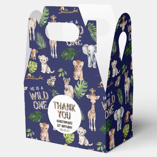 Navy Blue Wild Een thema Safari Dieren Verjaardag Bedankdoosjes (Geopend)