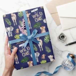 Navy Blue Wild, Oerwouden 1e verjaardag Cadeaupapier