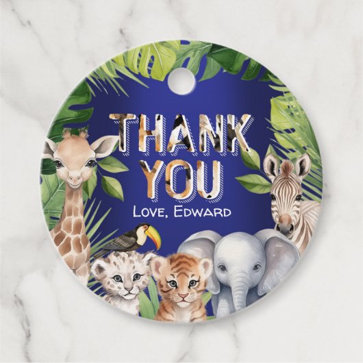 Navy Blue, Wild One safari oerwoud Boy 1e verjaard Bedankjes Labels (Voorkant)