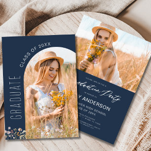 Navy Blue Wildflower Afstudeerfeest Arch Foto Kaart