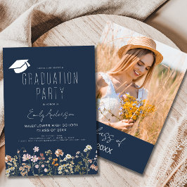Navy Blue Wildflower Afstudeerfeest Boho Kaart