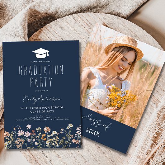 Navy Blue Wildflower Afstudeerfeest Boho Kaart