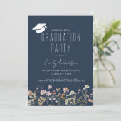 Navy Blue Wildflower Afstudeerfeest Boho Kaart (Staand voorkant)