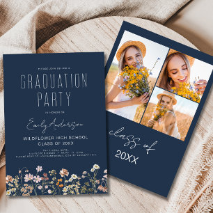 Navy Blue Wildflower Afstudeerfeest Foto Boho Kaart