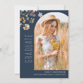 Navy Blue Wildflower Afstuderen Fotoaankondiging Aankondiging (Voorkant)