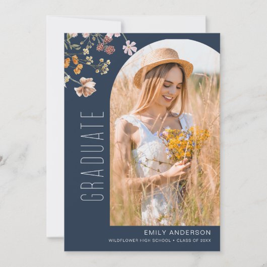 Navy Blue Wildflower Afstuderen Fotoaankondiging Aankondiging (Voorkant)