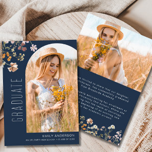 Navy Blue Wildflower Afstuderen Fotoaankondiging Aankondiging