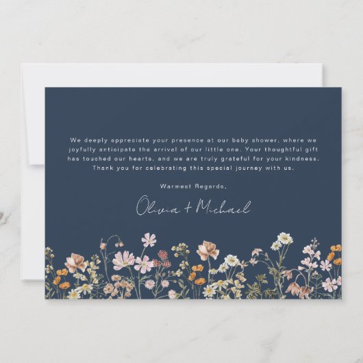 Navy Blue Wildflower Baby in Bloom Baby shower Bedankkaart (Achterkant)