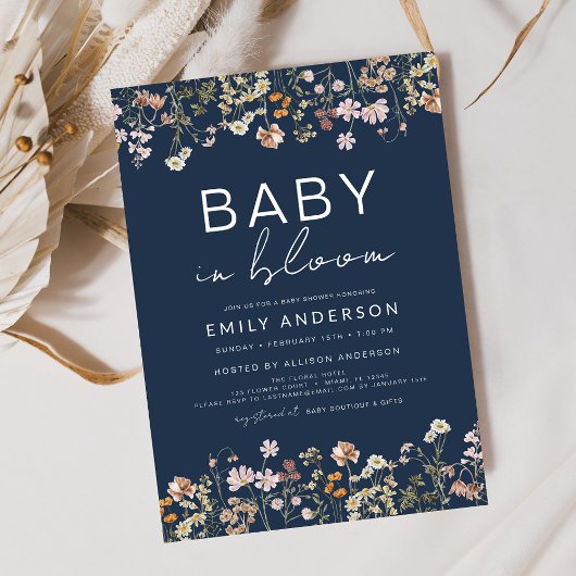 Navy Blue Wildflower Baby in Bloom Baby shower Kaart