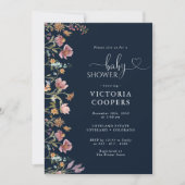 Navy Blue Wildflower Baby shower Uitnodiging (Voorkant)